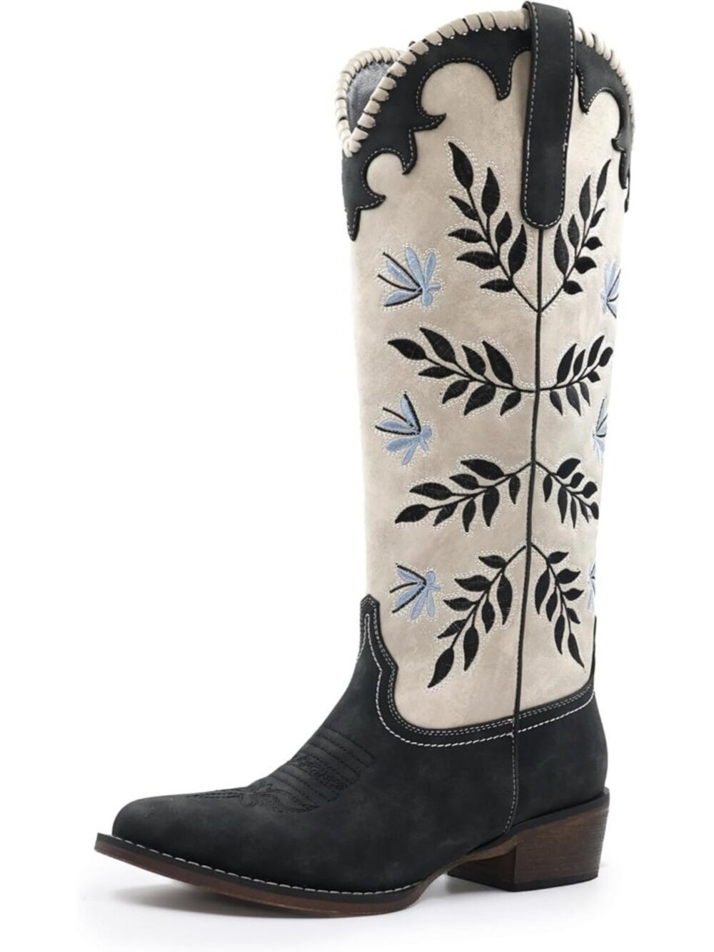 Women's Black Cowboy Boots Leaf Embroidered Pull on Knee High Round Toe Boots - Picture 1 of 6